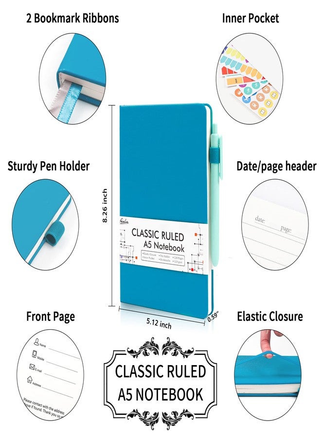 feela 12 Pack Notebooks Journals Bulk, Hardcover Notebook Classic Ruled Journal Set with Pen Holder for School Business Work Travel Writing, with 12 Black Pens, 120 GSM, 5.1”x8.3”, A5, Teal - Image 2