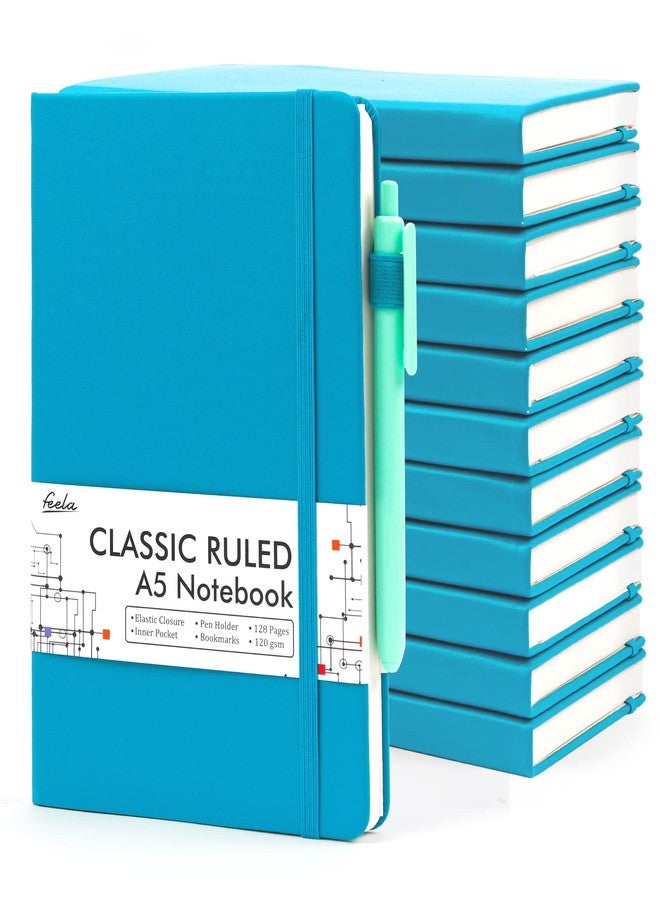 feela 12 Pack Notebooks Journals Bulk, Hardcover Notebook Classic Ruled Journal Set with Pen Holder for School Business Work Travel Writing, with 12 Black Pens, 120 GSM, 5.1”x8.3”, A5, Teal - Image 1