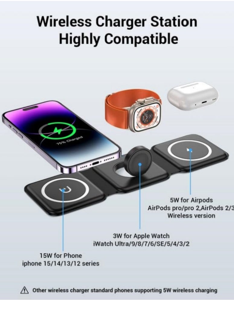 XICEN - 3 in 1 Magnetic Wireless Charger Fast Charging Pad Foldable Phone Smart Watch Charge Station - Image 1