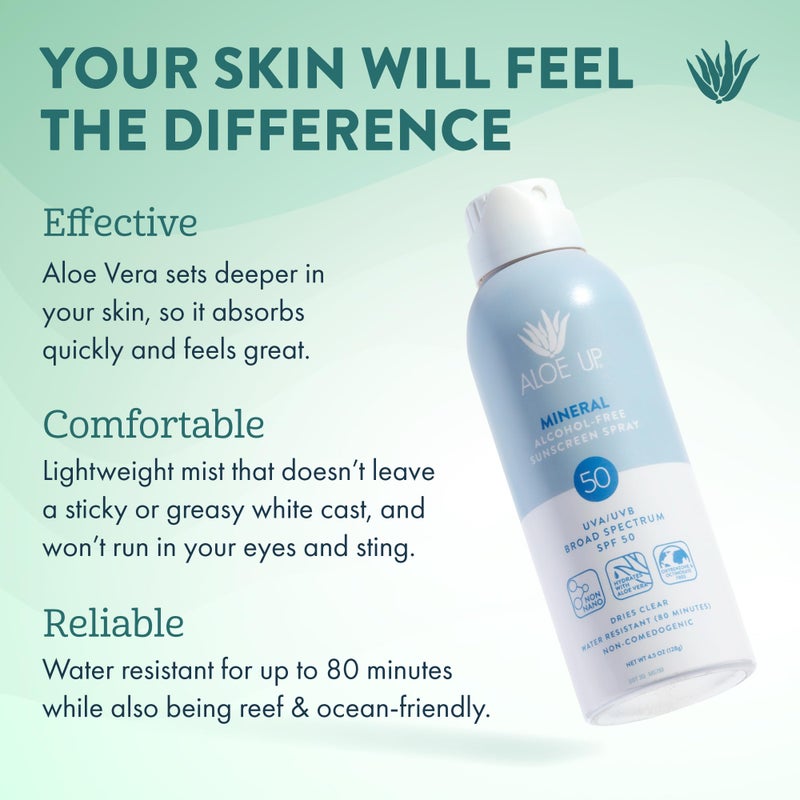 Aloe Up Continuous Mineral Sunscreen Spray SPF 50- Alcohol-Free Broad Spectrum UVA/UVB Sunscreen Protector for Face and Body - With Gen2 Zinc Oxide and Aloe Vera - Dries Clear - Reef Safe - 4.5 Oz - Image 2