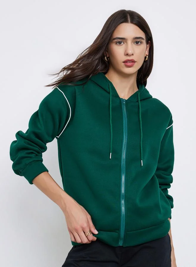 Styli Dark Green Hooded Jacket with Piping Detail