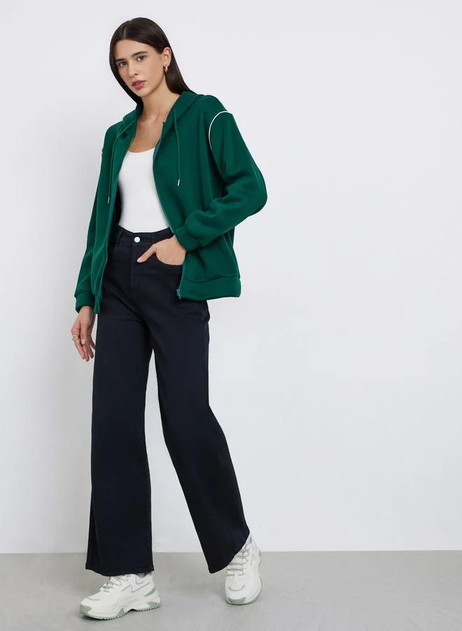 Styli Dark Green Hooded Jacket with Piping Detail