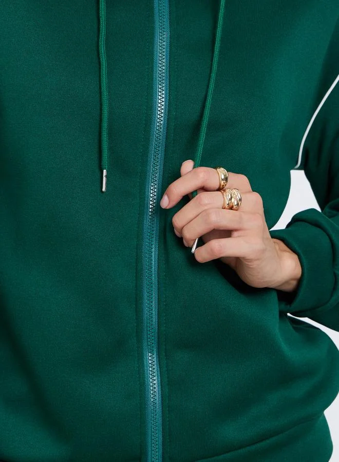 Styli Dark Green Hooded Jacket with Piping Detail