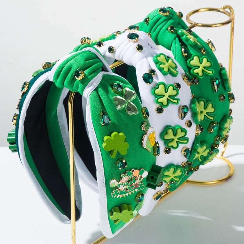Blync St. Patrick's Day Headband, Green Shanrock Irish Hair Accessories, Clover Lucky Rhinestone Knotted Hairband for Party Festival Gift (WGreen) - Image 4