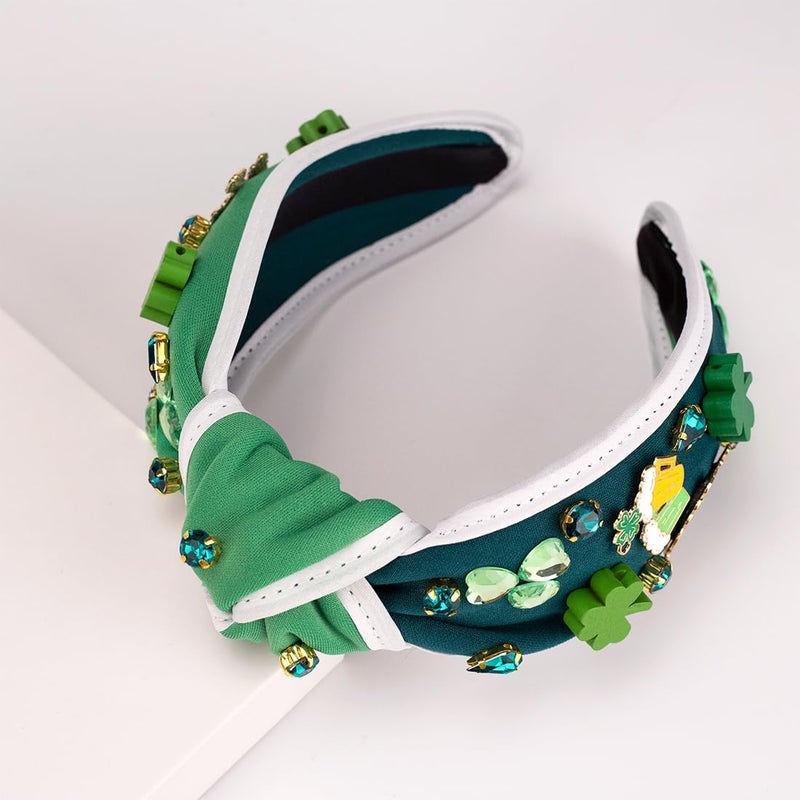 Blync St. Patrick's Day Headband, Green Shanrock Irish Hair Accessories, Clover Lucky Rhinestone Knotted Hairband for Party Festival Gift (WGreen) - Image 3