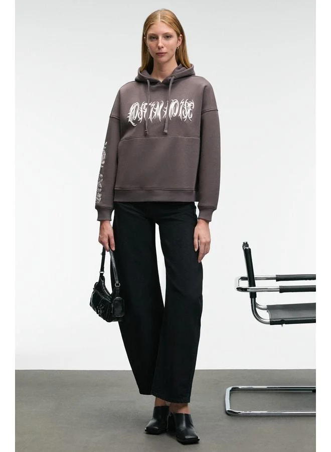 GRIMELANGE ALIRAYNE Women's Printed Oversized Hooded Kangaroo Pocket Anthracite Sweatshirt.