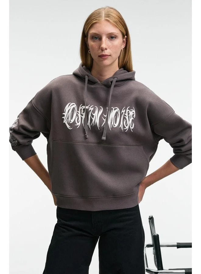 GRIMELANGE ALIRAYNE Women's Printed Oversized Hooded Kangaroo Pocket Anthracite Sweatshirt.