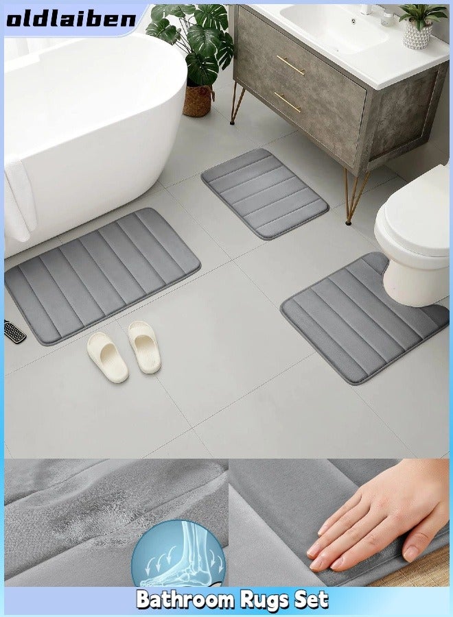 oldlaiben Bathroom Rugs Set, Memory Foam Bath Mats, Non-Slip Bath Rug Set 3 Piece, Washable Bathroom Mats, Absorbent Shaggy Rugs Super Soft U-Shaped Toilet Rug, Bathroom Carpets for Bathroom, Tub, Shower (Light Grey)  - Image 1