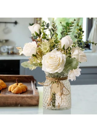 Fake Flowers, Silk Roses Artificial Flowers, White Faux Flower Arrangement Suitable for Home Office Decoration, Dining Table Centerpiece (No Vase) - view 3