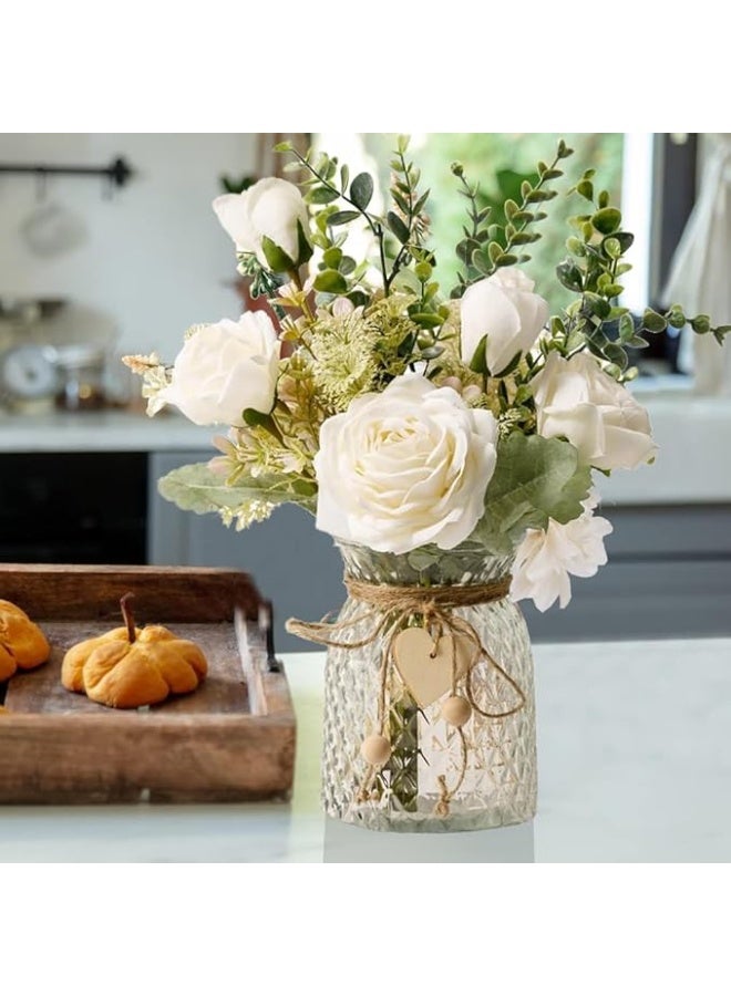 DUNISO Fake Flowers, Silk Roses Artificial Flowers, White Faux Flower Arrangement Suitable for Home Office Decoration, Dining Table Centerpiece (No Vase) - Image 3