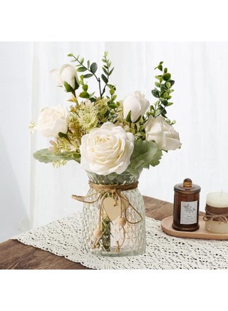 Fake Flowers, Silk Roses Artificial Flowers, White Faux Flower Arrangement Suitable for Home Office Decoration, Dining Table Centerpiece (No Vase) - view 4