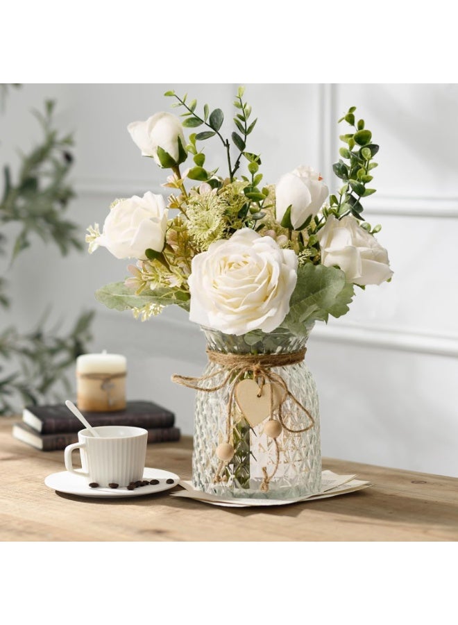 DUNISO Fake Flowers, Silk Roses Artificial Flowers, White Faux Flower Arrangement Suitable for Home Office Decoration, Dining Table Centerpiece (No Vase) - Image 5