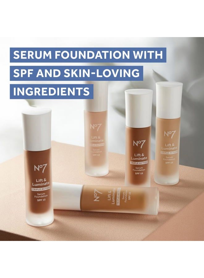 No7 Lift & Luminate Triple Action Serum Foundation - Liquid Foundation Makeup with SPF 15 for a Dewy, Glowy Base - Radiant Serum Foundation for Mature Skin - Warm Beige (1 Fl Oz) - Image 5