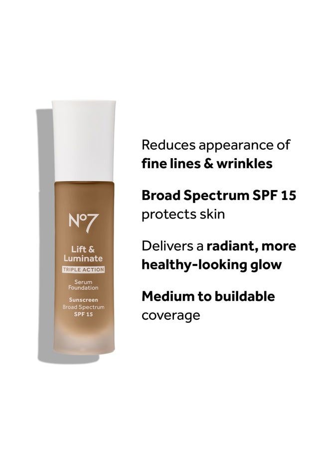 No7 Lift & Luminate Triple Action Serum Foundation - Liquid Foundation Makeup with SPF 15 for a Dewy, Glowy Base - Radiant Serum Foundation for Mature Skin - Warm Beige (1 Fl Oz) - Image 2