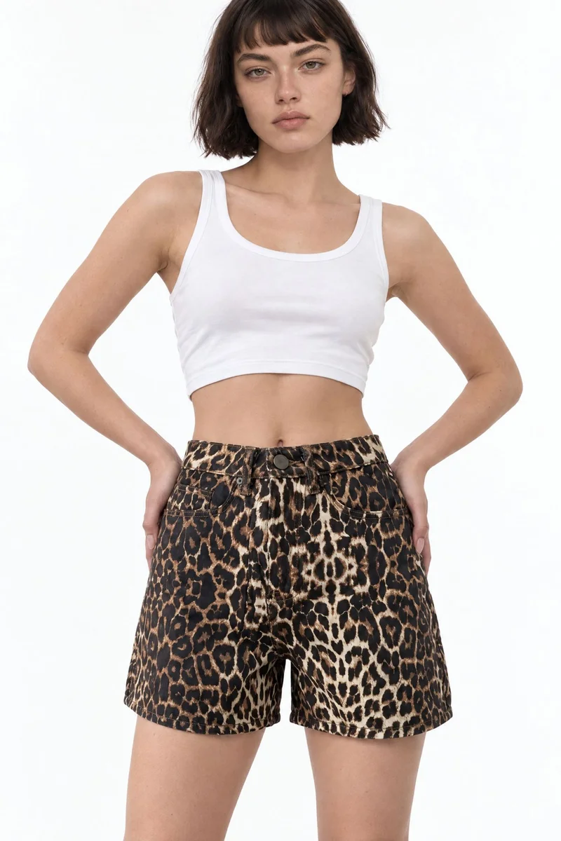 سكوالو SQUALO High-Waist Leopard Denim Shorts