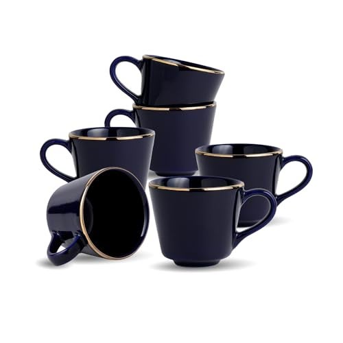 Shay Ceramic Tea Cup Set, Set of 6, Blue with Real Gold Line, 180ml | Cup Set of 6 for Tea | Glossy Finish | Premium Ceramic | Tea Cup Set of 6 (Tea Cups - Blue Gold Line) - Image 1