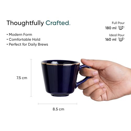 Shay Ceramic Tea Cup Set, Set of 6, Blue with Real Gold Line, 180ml | Cup Set of 6 for Tea | Glossy Finish | Premium Ceramic | Tea Cup Set of 6 (Tea Cups - Blue Gold Line) - Image 4