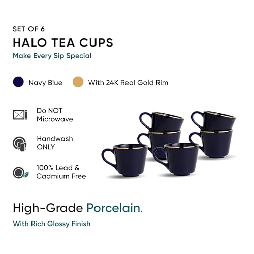Shay Ceramic Tea Cup Set, Set of 6, Blue with Real Gold Line, 180ml | Cup Set of 6 for Tea | Glossy Finish | Premium Ceramic | Tea Cup Set of 6 (Tea Cups - Blue Gold Line) - Image 2