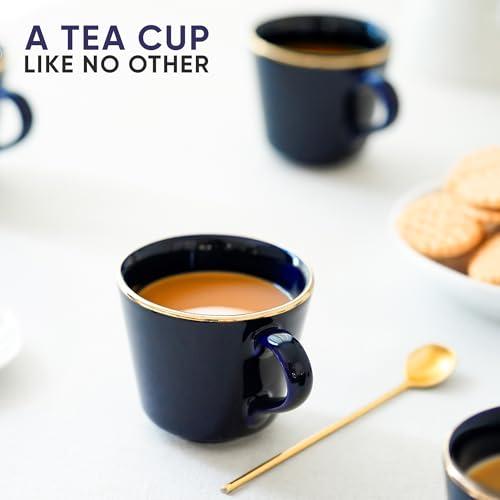 Shay Ceramic Tea Cup Set, Set of 6, Blue with Real Gold Line, 180ml | Cup Set of 6 for Tea | Glossy Finish | Premium Ceramic | Tea Cup Set of 6 (Tea Cups - Blue Gold Line) - Image 5
