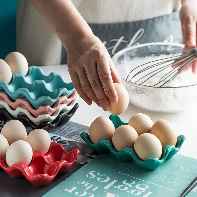 comfrt Refrigerator Egg Holder Tray 6 Grids Ceramic Egg Container Egg Storage Organizer (Sky-blue) - Image 3