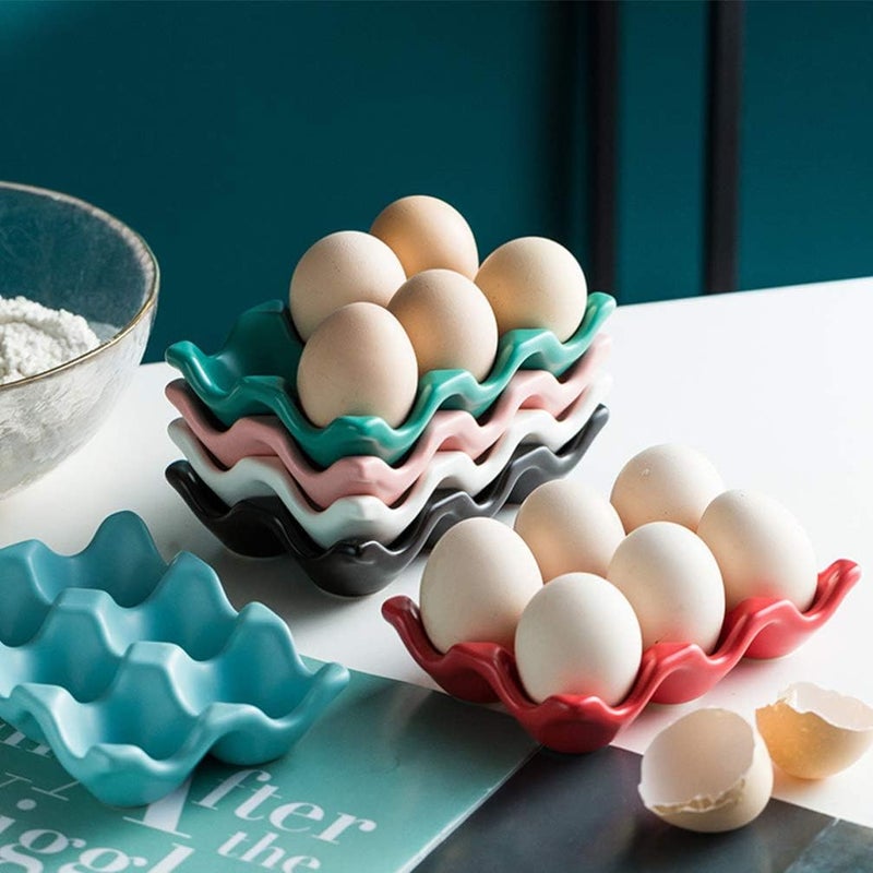comfrt Refrigerator Egg Holder Tray 6 Grids Ceramic Egg Container Egg Storage Organizer (Sky-blue) - Image 2