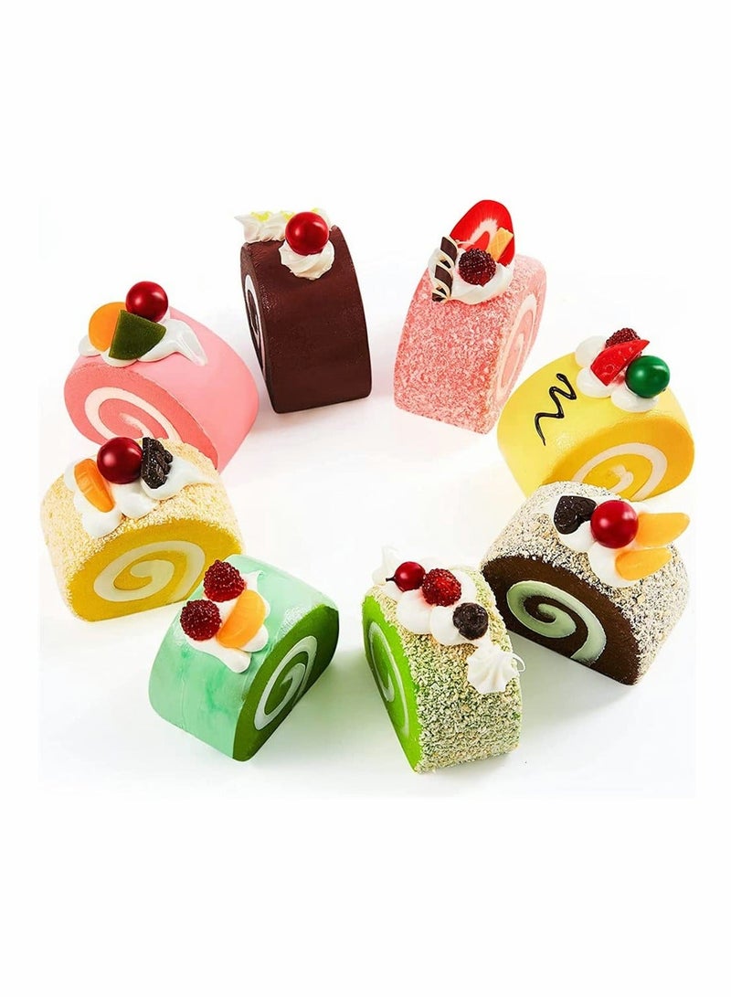 8 Pieces Realistic Artificial Simulation Cake Dessert, Mixed Fake Cake Food Model Home Staging Crafts Photography Props Fake Swiss Roll Kitchen Home Decoration Display (4 Colors) - Image 1