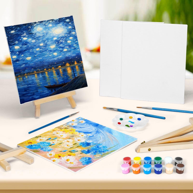pomaylor 8 Pack 8 * 10In Canvas Boards for Painting, Art Canvas for Drawing with 16 Brushes & 8 Paint Trays & 16 Acrylic Paint, Mini Painting Canvas with Easel Set, Painting Kits for Adults Party - Image 5