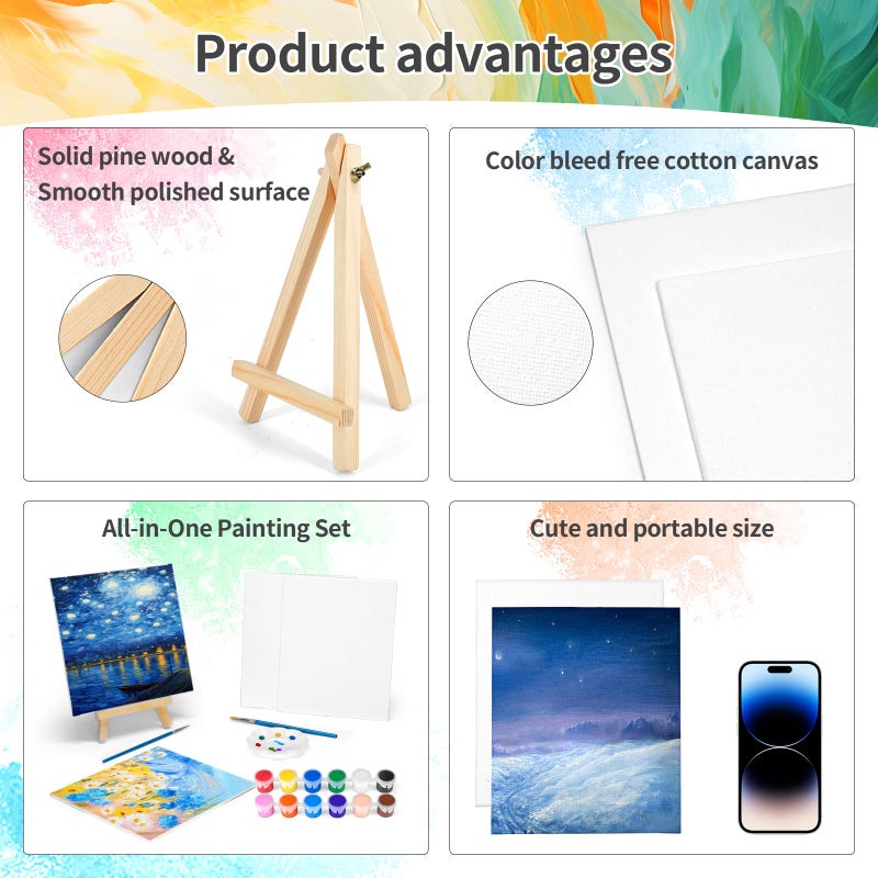 pomaylor 8 Pack 8 * 10In Canvas Boards for Painting, Art Canvas for Drawing with 16 Brushes & 8 Paint Trays & 16 Acrylic Paint, Mini Painting Canvas with Easel Set, Painting Kits for Adults Party - Image 3