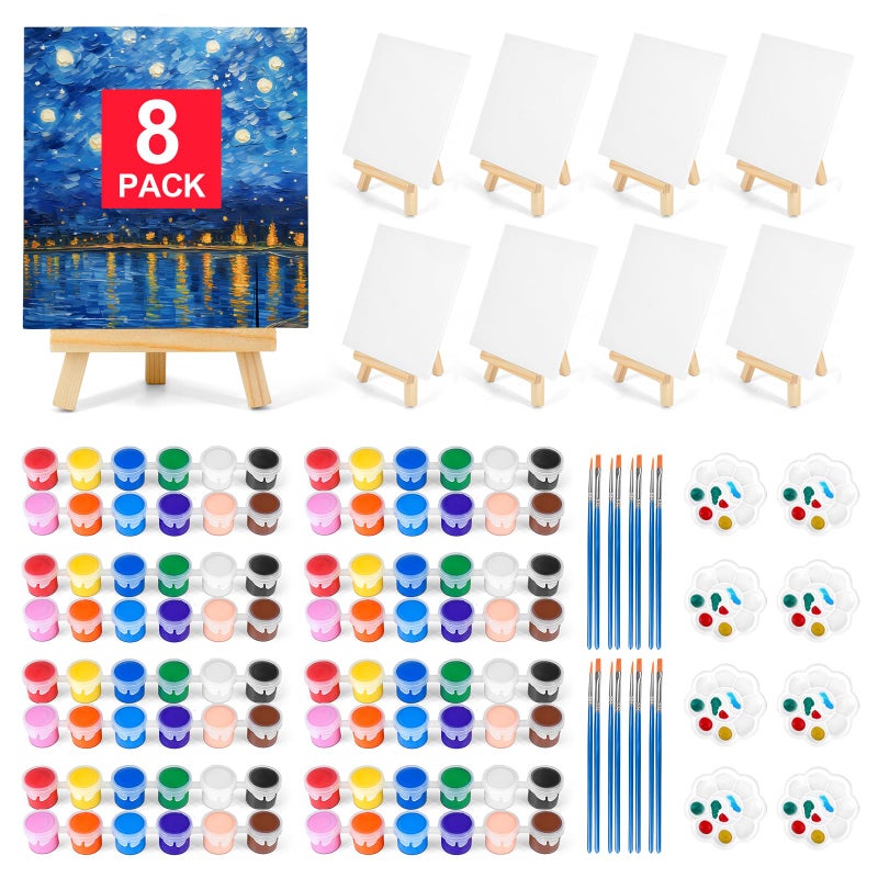 pomaylor 8 Pack 8 * 10In Canvas Boards for Painting, Art Canvas for Drawing with 16 Brushes & 8 Paint Trays & 16 Acrylic Paint, Mini Painting Canvas with Easel Set, Painting Kits for Adults Party - Image 1