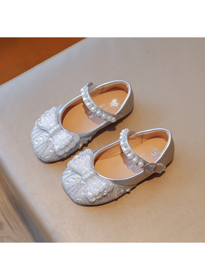 Girls' Shallow Leather Shoes  Spring And Autumn New Korean Style Children's Full Diamond Crystal Princess Shoes Pearl Performance Flats