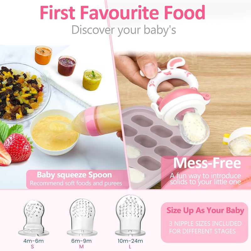 WAJIAYON Baby Fruit Feeder Pacifier  6 Pack  2 Baby Fruit Food Feeder Pacifier  2 Baby Food Dispensing Spoon  Fresh Fruit Teethers for Babies  Silicone Feeder BabyMesh Baby Feeder PinkRabbit - Image 2