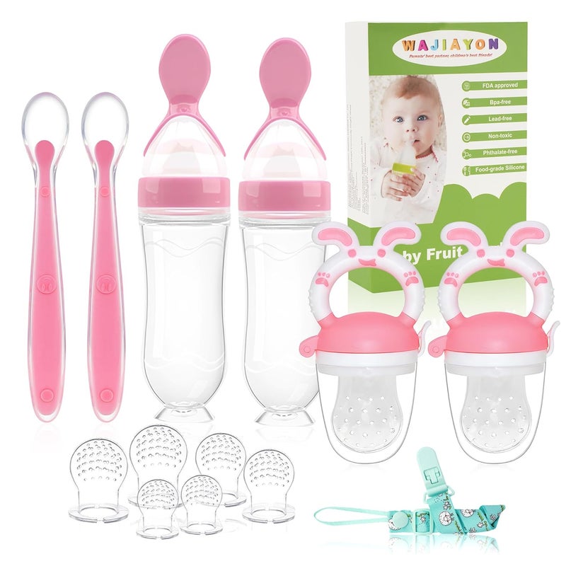 WAJIAYON Baby Fruit Feeder Pacifier  6 Pack  2 Baby Fruit Food Feeder Pacifier  2 Baby Food Dispensing Spoon  Fresh Fruit Teethers for Babies  Silicone Feeder BabyMesh Baby Feeder PinkRabbit - Image 1