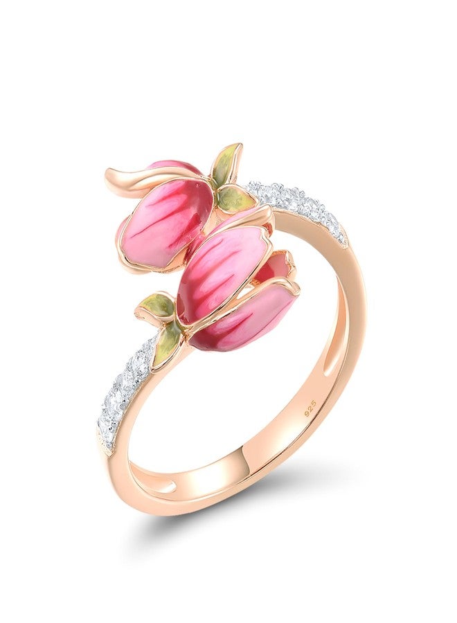 Santuzza 925 Sterling Silver Pink Enamel Tulip Ring White Cubic Zirconia Rose Plated Flower Open Ring for Women (8) - Image 1