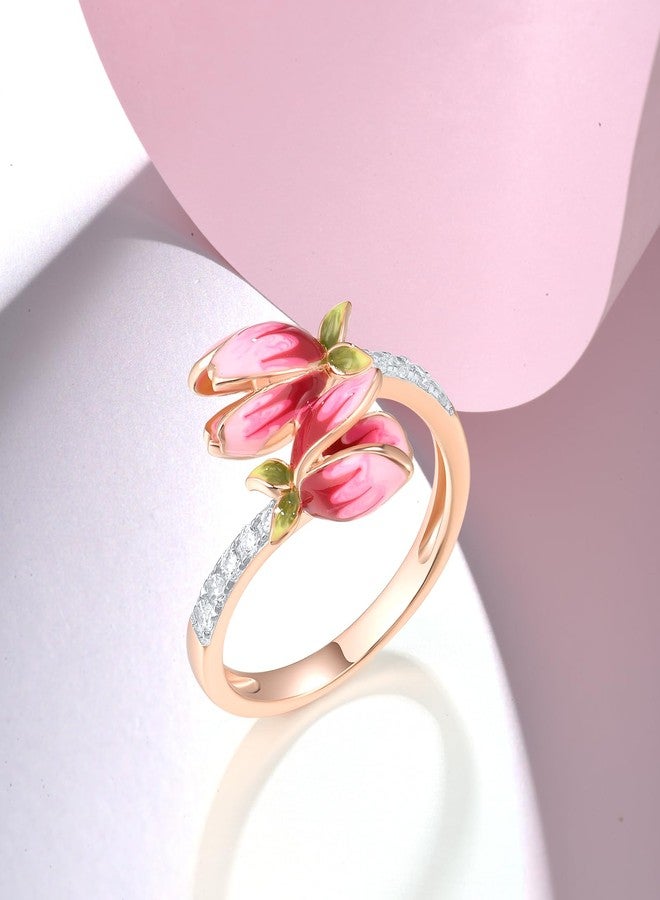 Santuzza 925 Sterling Silver Pink Enamel Tulip Ring White Cubic Zirconia Rose Plated Flower Open Ring for Women (8) - Image 3