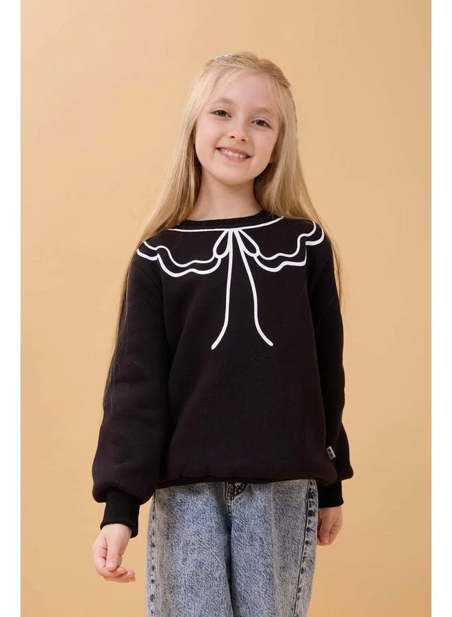 Perendi Girl's Bicycle Collar Printed Sherpa Winter Sweatshirt - Black