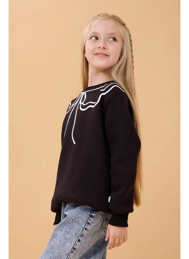 Perendi Girl's Bicycle Collar Printed Sherpa Winter Sweatshirt - Black