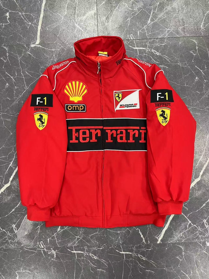 Generic F1 Embroidered Racing Suit Cotton Long Sleeve Casual (Red shell) (embroidery plus cotton) 