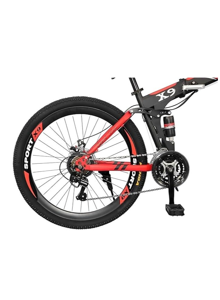 BIKE 26 Inch 24 Speed Folding Mountain Bike | Suspension & Disc Brakes (Black, Red)