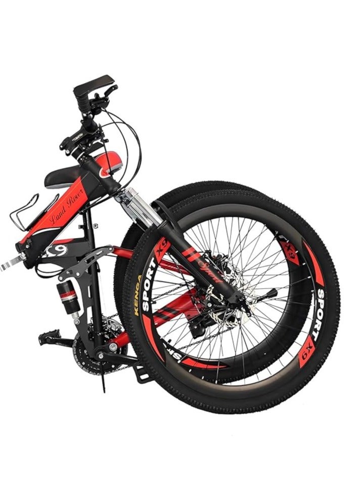 BIKE 26 Inch 24 Speed Folding Mountain Bike | Suspension & Disc Brakes (Black, Red)
