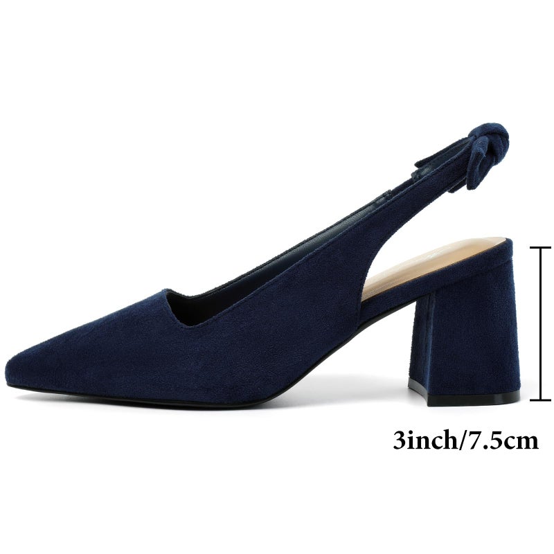 Mostrin Navy Blue Block Slingback Heels for Women Suede Pointed Closed Toe Chunky Heels Bow Women's Pumps for Office Work Business Casual - Image 5