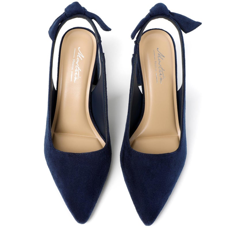 Mostrin Navy Blue Block Slingback Heels for Women Suede Pointed Closed Toe Chunky Heels Bow Women's Pumps for Office Work Business Casual - Image 4