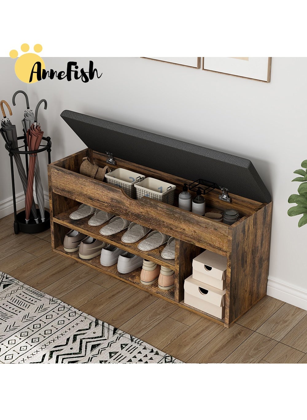 AnneFish 2-Tier Entryway Shoe Rack Organizer Bench With Drawer And Cushion Padded Seat For Bedroom Hallway 100*30*44cm 