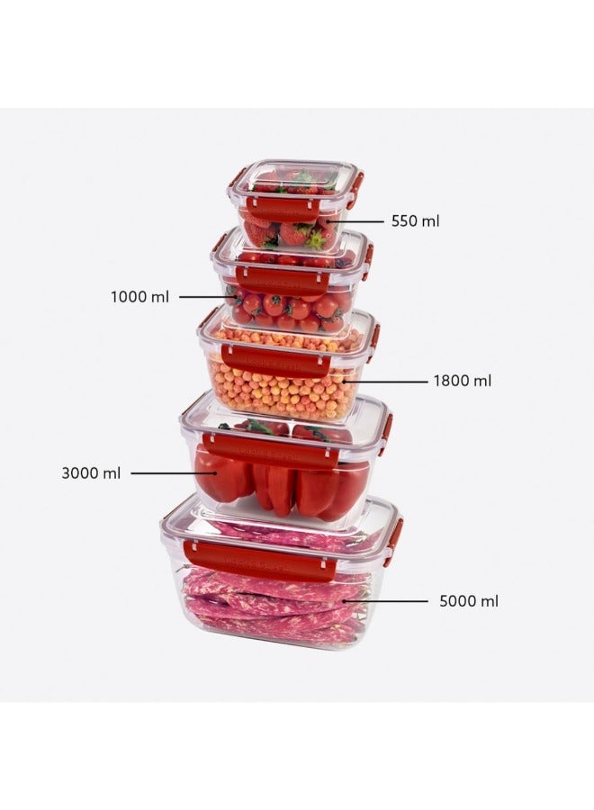 Dunya Plastik Dunia Fresh & Lock Red Rectangular 5-Piece Food Storage Refrigerator Container Set - Airtight Lid - BPA-Free (550-1000-1800-3000-5000ml) - Image 1