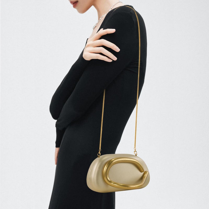 NEWROGENG Clutch Purses for Women Formal, PU Leather Evening Bags with Chain, Trendy Metal Handle Purses and Handbags 2025, Leather Gold - Image 4
