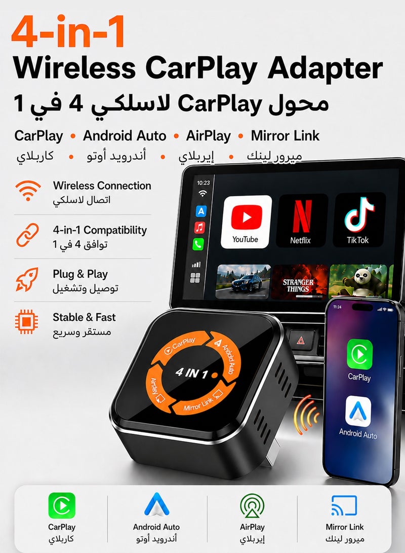 Chillspace 4-in-1 Wireless CarPlay & Android Auto Adapter with Video Streaming, New Upgraded Dongle for YouTube, Netflix, TikTok via AirPlay & MirrorLink, Bluetooth 5.3, Plug & Play, Mini Adapter with USB/USB-C Port - Fits 98% of Vehicles-Gray - Image 1