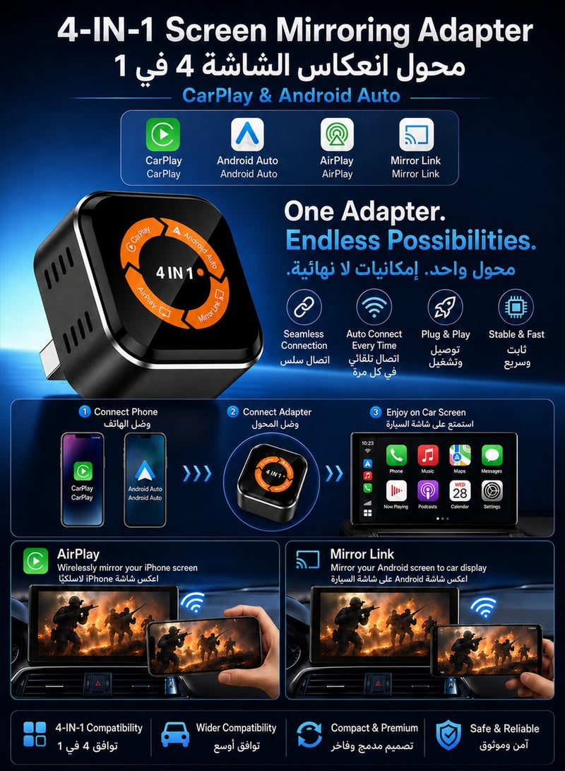 Chillspace 4-in-1 Wireless CarPlay & Android Auto Adapter with Video Streaming, New Upgraded Dongle for YouTube, Netflix, TikTok via AirPlay & MirrorLink, Bluetooth 5.3, Plug & Play, Mini Adapter with USB/USB-C Port - Fits 98% of Vehicles-Gray - Image 2