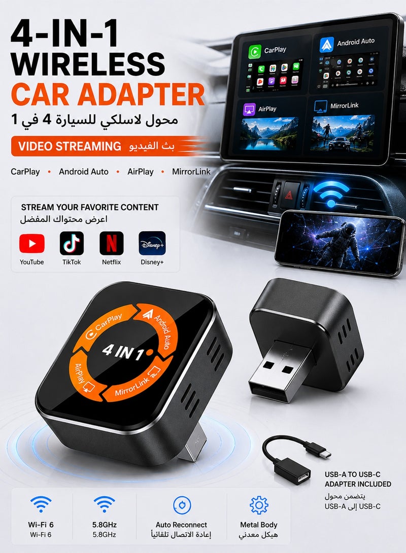 Chillspace 4-in-1 Wireless CarPlay & Android Auto Adapter with Video Streaming, New Upgraded Dongle for YouTube, Netflix, TikTok via AirPlay & MirrorLink, Bluetooth 5.3, Plug & Play, Mini Adapter with USB/USB-C Port - Fits 98% of Vehicles-Gray - Image 1