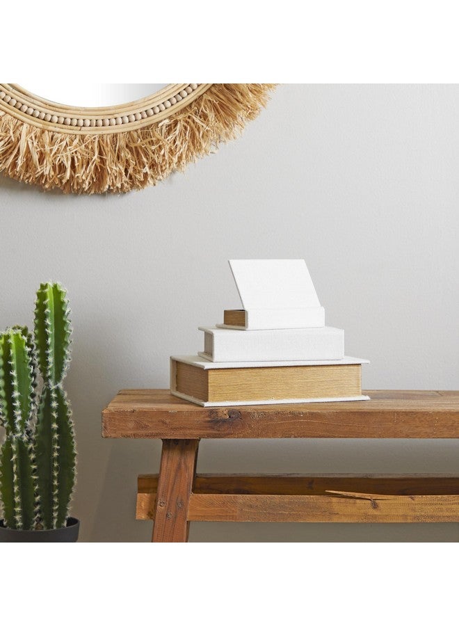 ديكو 79 صندوق ديكور من قماش الكتان من مجموعة ديكو 79، صندوق تخزين مزيف على شكل كتاب، مجموعة من 3 صناديق تذكارية مزخرفة، 12 بوصة، 9 بوصات، ارتفاع 6 بوصات، أبيض - Image 3