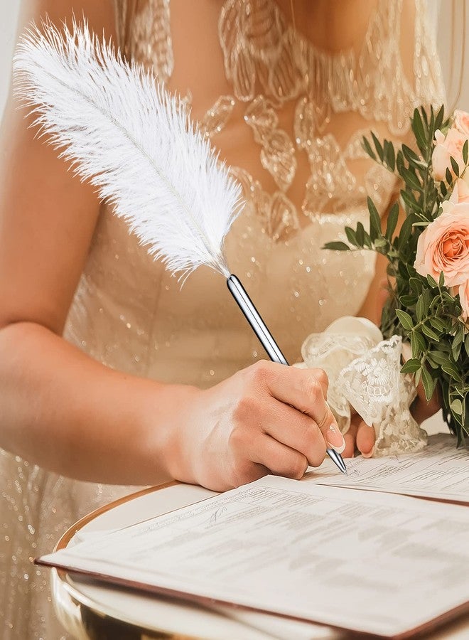 تشينكو قلمان من الريش مع حامل معدني، قلم توقيع عتيق من الريش، قلم حبر جاف، أقلام توقيع لحفلات الزفاف، حامل قلم، حامل قلم، ديكور طاولة لحفلات الزفاف وأعياد الميلاد (أبيض) - Image 5