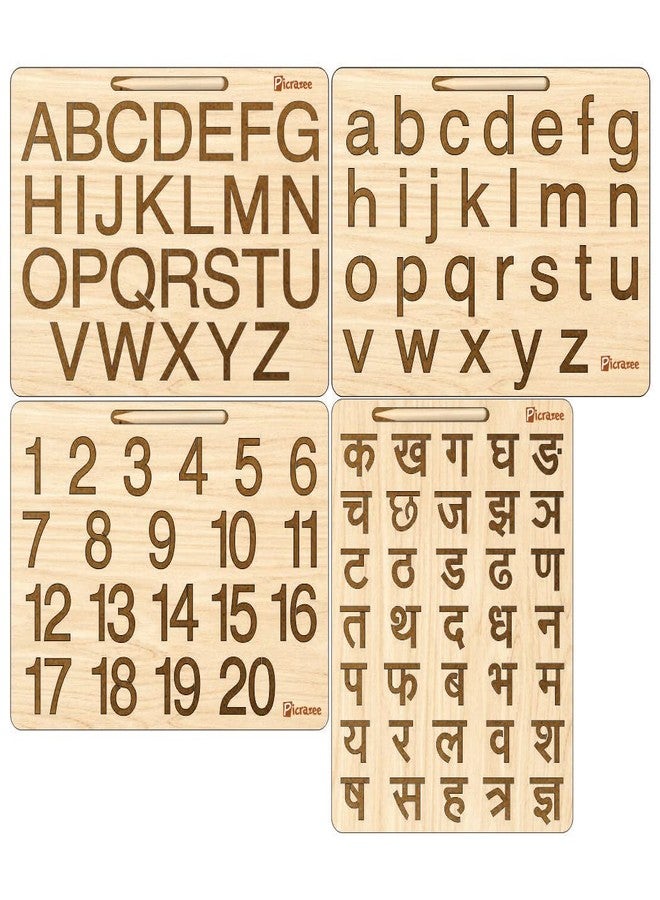 Picrazee Educational Wooden Tracing Board for Kids | Handwriting and Learning Slates for Children | Set of 4 (Small & Capital English, Hindi Alphabets & Numbers) - Image 1